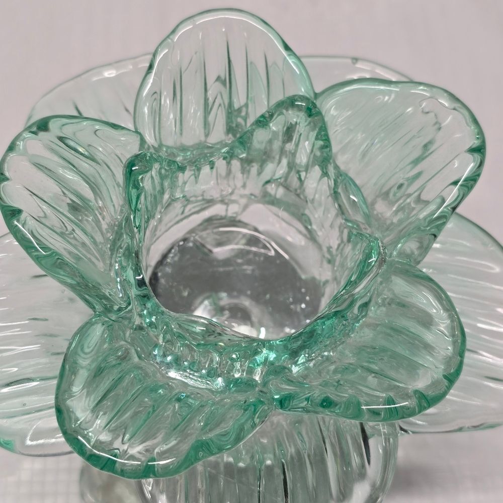 Vintage Teal Recycled Glass Footed Lotus Flower Candle Holder Art Deco Boho - Picture 5 of 11
